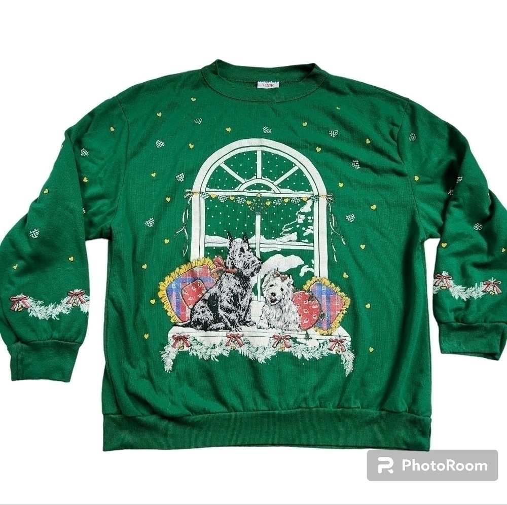 Vintage 90s Cottage Holiday Time Christmas Sweatshirt Festive Dog Crewneck sz L